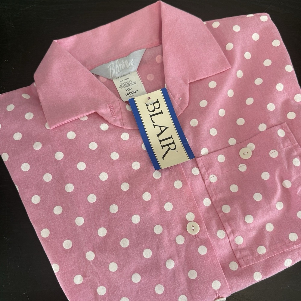 Blair Dress Shirt Women Sz 10P Pink Polka Dot  3/4 Sleeve Button Up Top New Tags